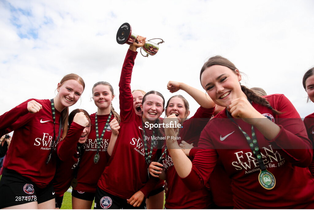 14 July 2024; Athenry players celebrate with the cup after the FAI Women's Under 17 Cup final match between Athenry and Killester Donnycarney FC at Mullingar Athletic FC in Gainstown, Westmeath. Photo by Michael P Ryan/Sportsfile