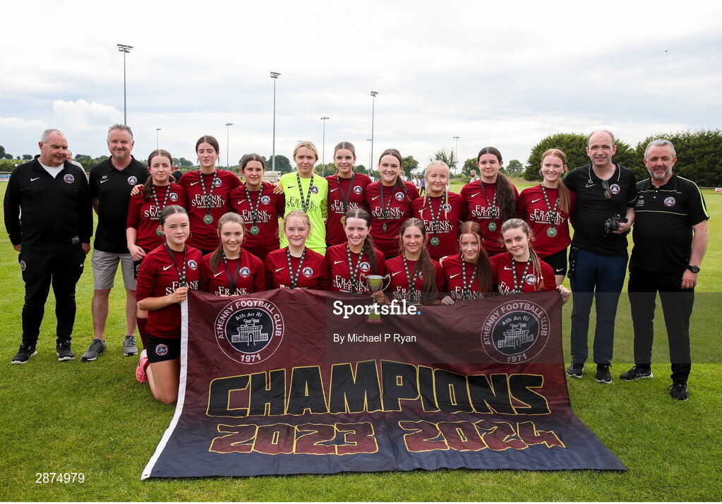 14 July 2024; Athenry team and management after the FAI Women's Under 17 Cup final match between Athenry and Killester Donnycarney FC at Mullingar Athletic FC in Gainstown, Westmeath. Photo by Michael P Ryan/Sportsfile