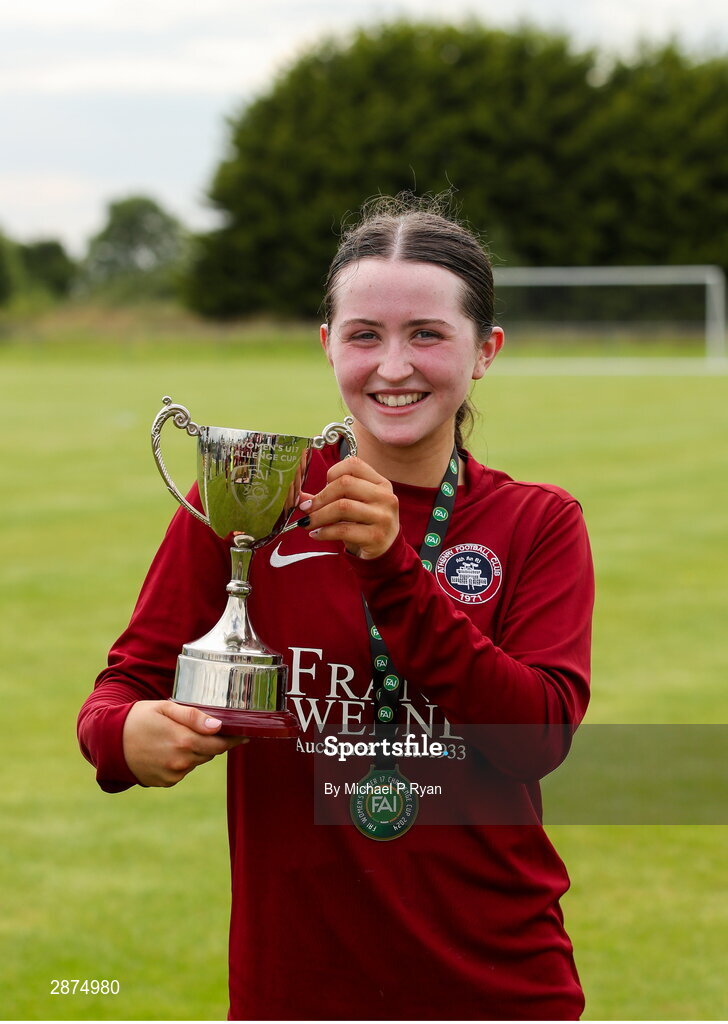 14 July 2024; Athenry captain Kerri O'Driscoll with the cup after the FAI Women's Under 17 Cup final match between Athenry and Killester Donnycarney FC at Mullingar Athletic FC in Gainstown, Westmeath. Photo by Michael P Ryan/Sportsfile