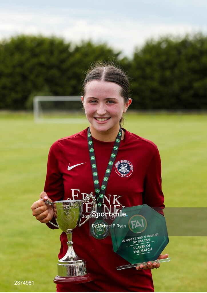 14 July 2024; Athenry captain Kerri O'Driscoll with the cup and her player of the match award after the FAI Women's Under 17 Cup final match between Athenry and Killester Donnycarney FC at Mullingar Athletic FC in Gainstown, Westmeath. Photo by Michael P Ryan/Sportsfile