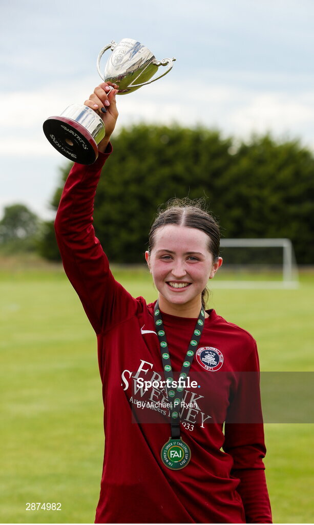 14 July 2024; Athenry captain Kerri O'Driscoll with the cup after the FAI Women's Under 17 Cup final match between Athenry and Killester Donnycarney FC at Mullingar Athletic FC in Gainstown, Westmeath. Photo by Michael P Ryan/Sportsfile