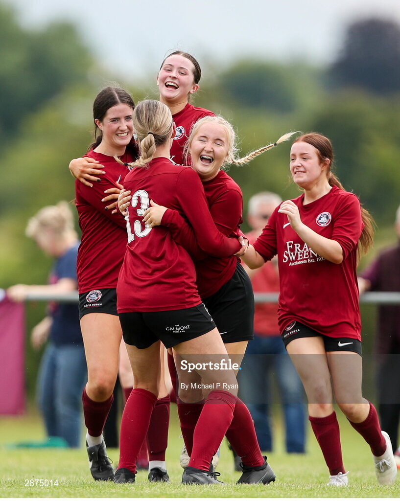 14 July 2024; Athenry players celebrate at the final whistle during the FAI Women's Under 17 Cup final match between Athenry and Killester Donnycarney FC at Mullingar Athletic FC in Gainstown, Westmeath. Photo by Michael P Ryan/Sportsfile