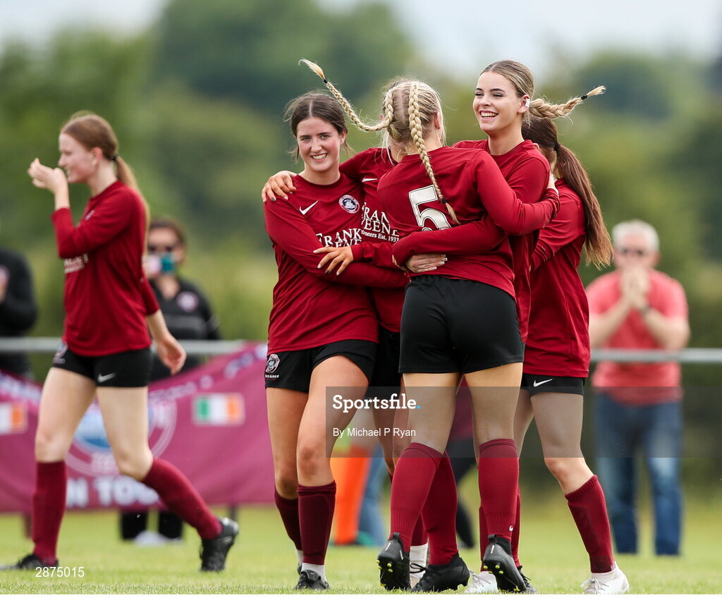14 July 2024; Athenry players celebrate at the final whistle during the FAI Women's Under 17 Cup final match between Athenry and Killester Donnycarney FC at Mullingar Athletic FC in Gainstown, Westmeath. Photo by Michael P Ryan/Sportsfile
