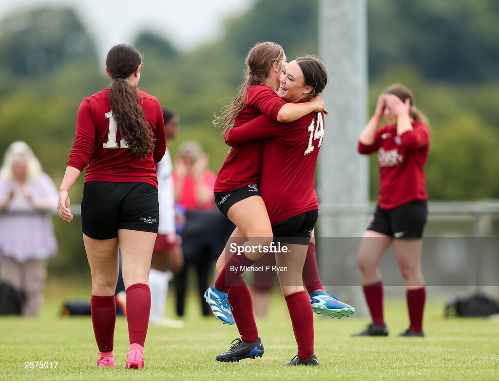 14 July 2024; Athenry players celebrate at the final whistle during the FAI Women's Under 17 Cup final match between Athenry and Killester Donnycarney FC at Mullingar Athletic FC in Gainstown, Westmeath. Photo by Michael P Ryan/Sportsfile