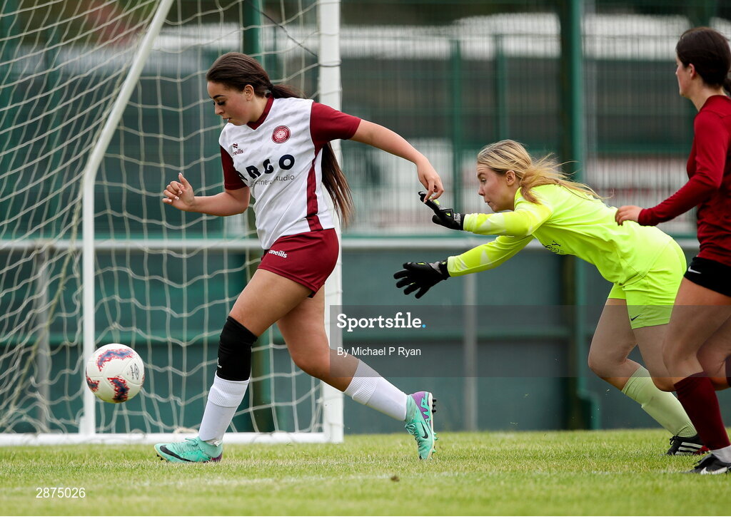 14 July 2024; Emmy Jo Caffery of Killester Donnycarney FC shoots to score her side's second goal during the FAI Women's Under 17 Cup final match between Athenry and Killester Donnycarney FC at Mullingar Athletic FC in Gainstown, Westmeath. Photo by Michael P Ryan/Sportsfile