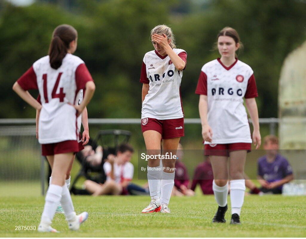 14 July 2024; Killester Donnycarney FC players after the FAI Women's Under 17 Cup final match between Athenry and Killester Donnycarney FC at Mullingar Athletic FC in Gainstown, Westmeath. Photo by Michael P Ryan/Sportsfile