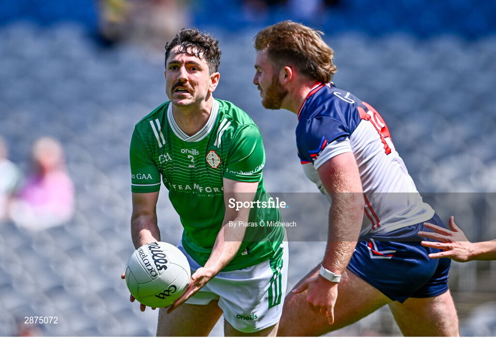 14 July 2024; Patrick O’Connor of London in action against Brian Coughlan of New York during the GAA Football All-Ireland Junior Championship final between London and New York at Croke Park in Dublin. Photo by Piaras Ó Mídheach/Sportsfile