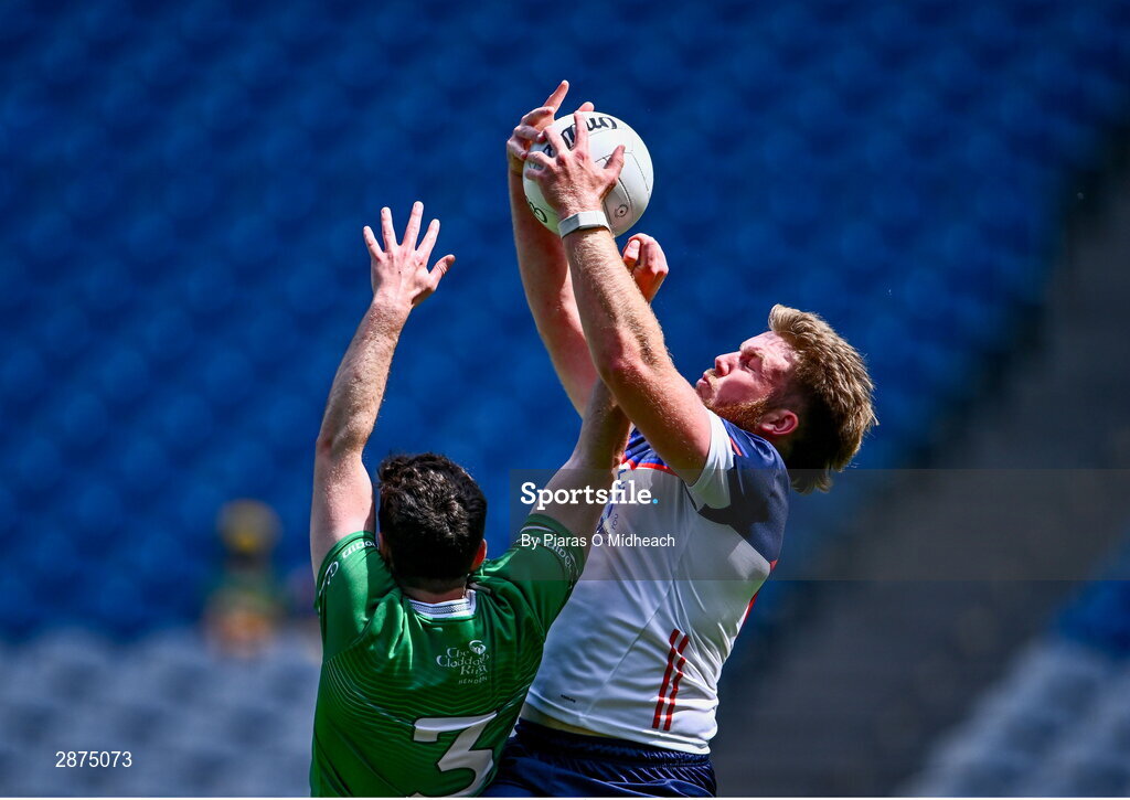 14 July 2024; Brian Coughlan of New York in action against Patrick O’Connor of London during the GAA Football All-Ireland Junior Championship final between London and New York at Croke Park in Dublin. Photo by Piaras Ó Mídheach/Sportsfile