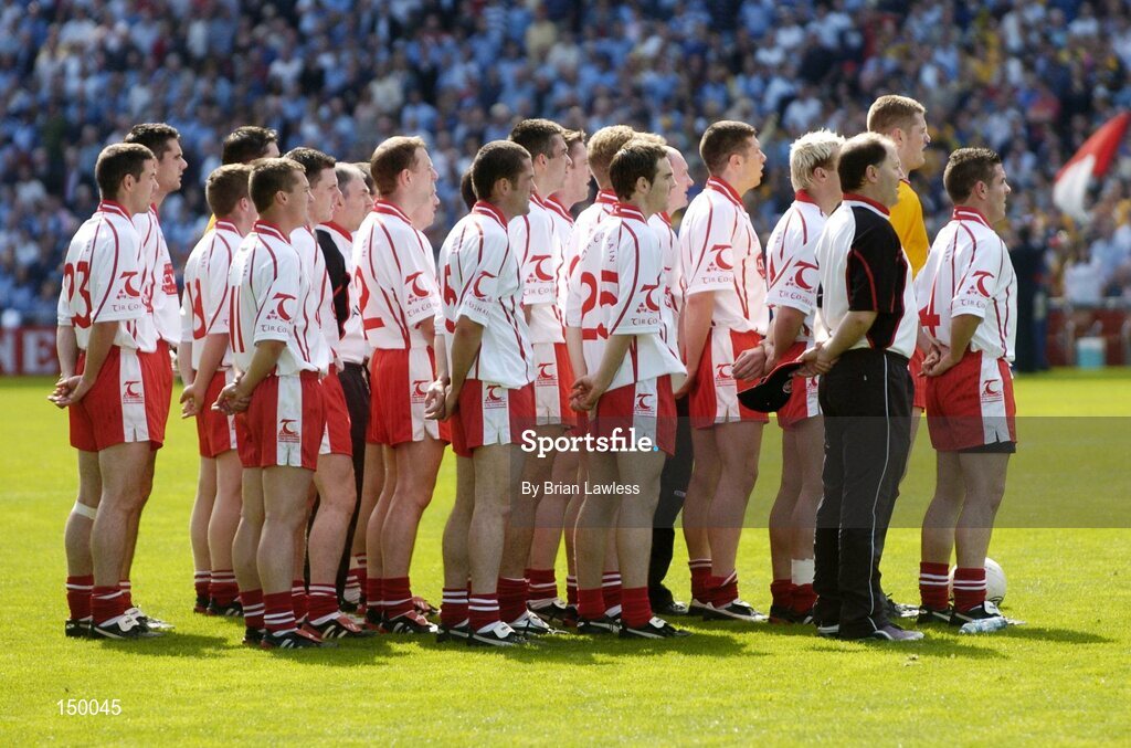 1 August 2004; The Tyrone team stand for the National Anthem before the match. Bank of Ireland All-Ireland Football Championship, Round 4, Laois v Tyrone, Croke Park, Dublin. Picture credit; Brian Lawless / SPORTSFILE