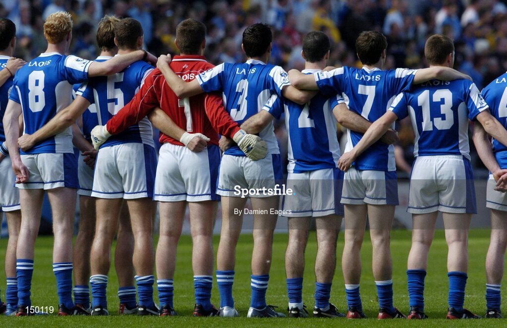 1 August 2004; The Laois team stand for the national anthem. Bank of Ireland All-Ireland Football Championship, Round 4, Laois v Tyrone, Croke Park, Dublin. Picture credit; Damien Eagers / SPORTSFILE