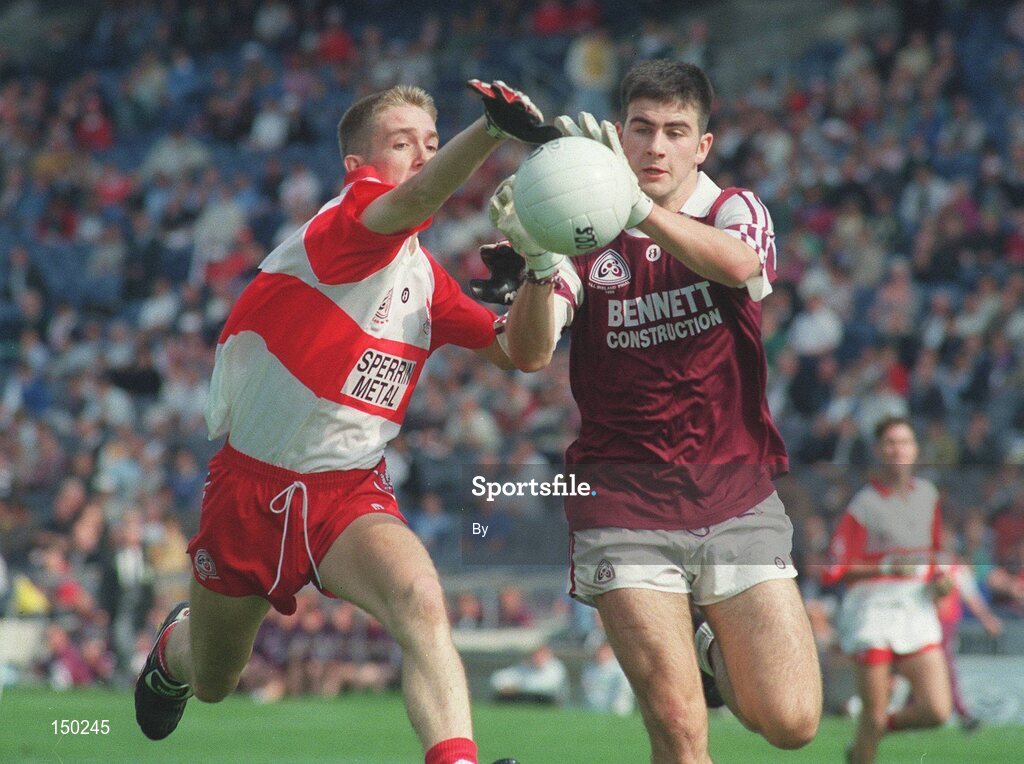 17 September 1995; Kevin Hickey, Westmeath in action against Joseph Cassidy, Derry. All Ireland Minor Football Final, Westmeath v Derry, Croke Park.  Picture credit; Ray McManus/SPORTSFILE