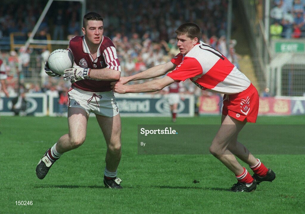 17 September 1995; John Deenan, Westmeath in action against Enda Muldoon, Derry. All Ireland Minor Football Final, Westmeath v Derry, Croke Park.  Picture credit; Ray McManus/SPORTSFILE