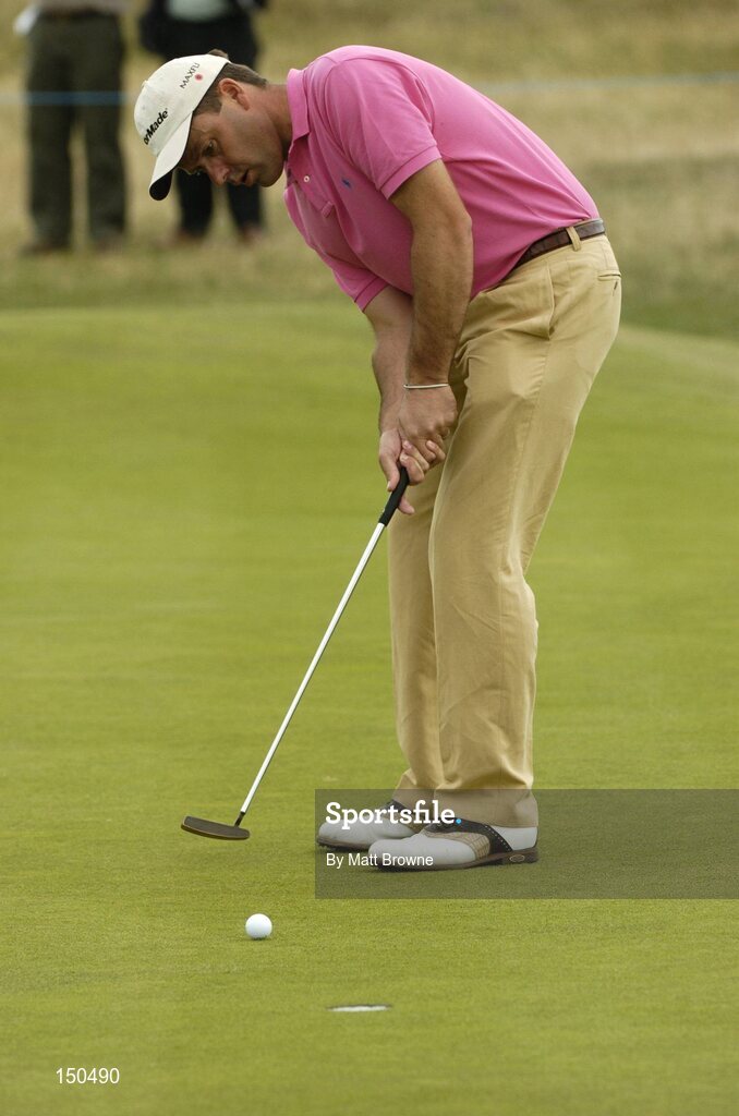 21 July 2004; Leslie Walker watches his putt on the 10th green box during the first round. Nissan Irish Open Golf Championship, County Louth Golf Club, Baltray, Co. Louth. Picture credit; Matt Browne / SPORTSFILE