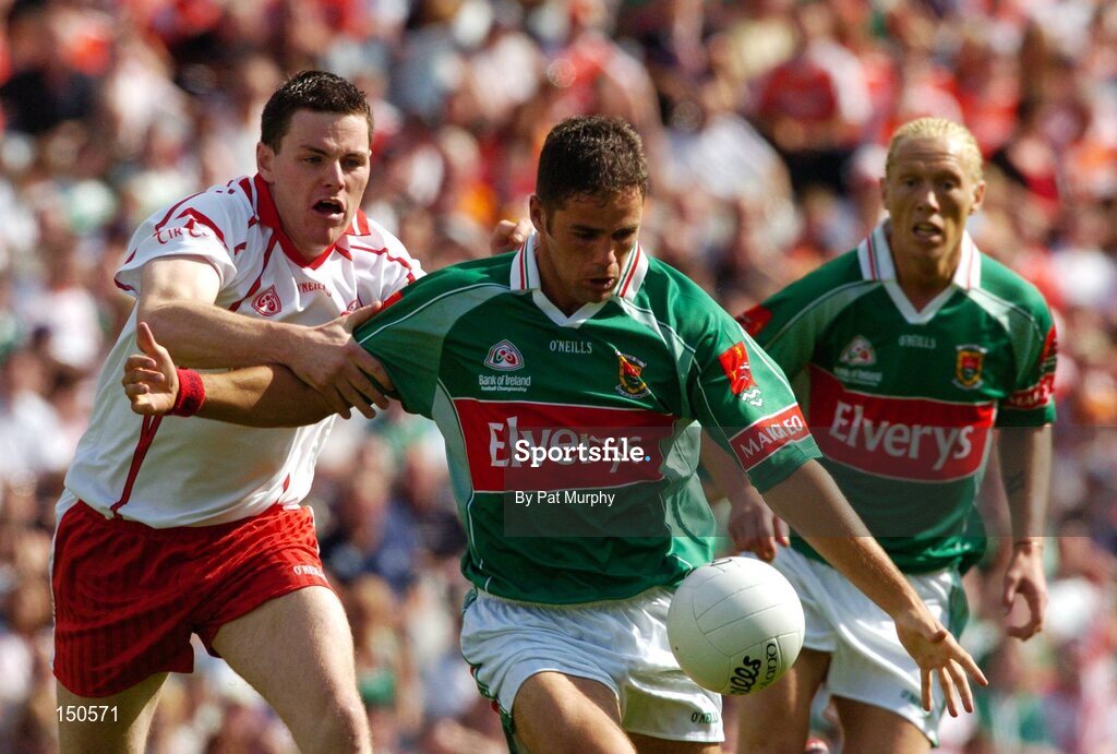 7 August 2004; James Gill, Mayo, in action against Conor Gormley, Tyrone. Bank of Ireland All-Ireland Senior Football Championship Quarter Final, Mayo v Tyrone, Croke Park, Dublin. Picture credit; Pat Murphy / SPORTSFILE