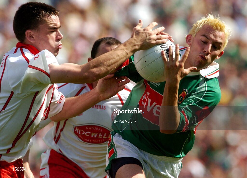 7 August 2004; Conor Mortimer, Mayo, in action against Ryan McManamin, Tyrone. Bank of Ireland All-Ireland Senior Football Championship Quarter Final, Mayo v Tyrone, Croke Park, Dublin. Picture credit; Pat Murphy / SPORTSFILE