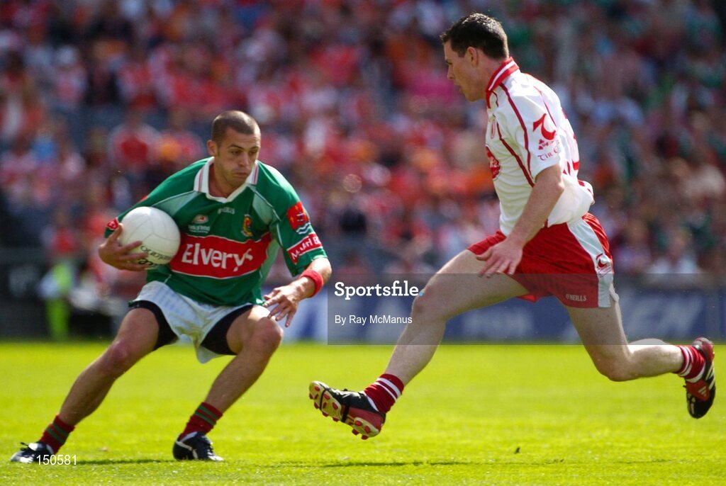 7 August 2004; Trevor Mortimer, Mayo, in action against Conor Gormley, Tyrone. Bank of Ireland All-Ireland Senior Football Championship Quarter Final, Mayo v Tyrone, Croke Park, Dublin. Picture credit; Ray McManus / SPORTSFILE