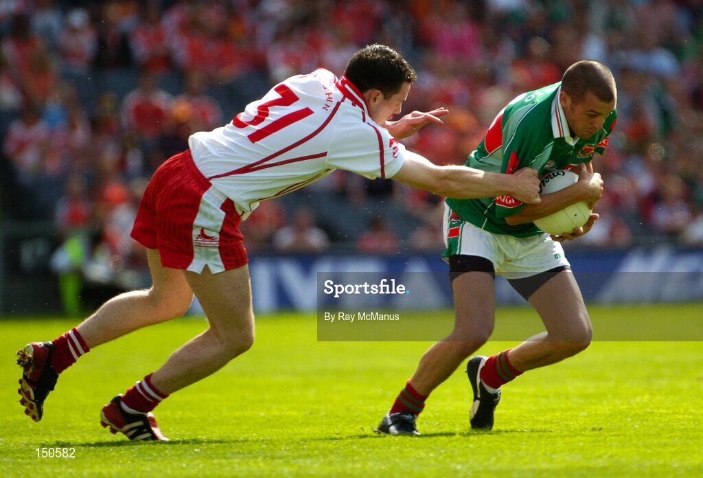 7 August 2004; Trevor Mortimer, Mayo, in action against Conor Gormley, Tyrone. Bank of Ireland All-Ireland Senior Football Championship Quarter Final, Mayo v Tyrone, Croke Park, Dublin. Picture credit; Ray McManus / SPORTSFILE