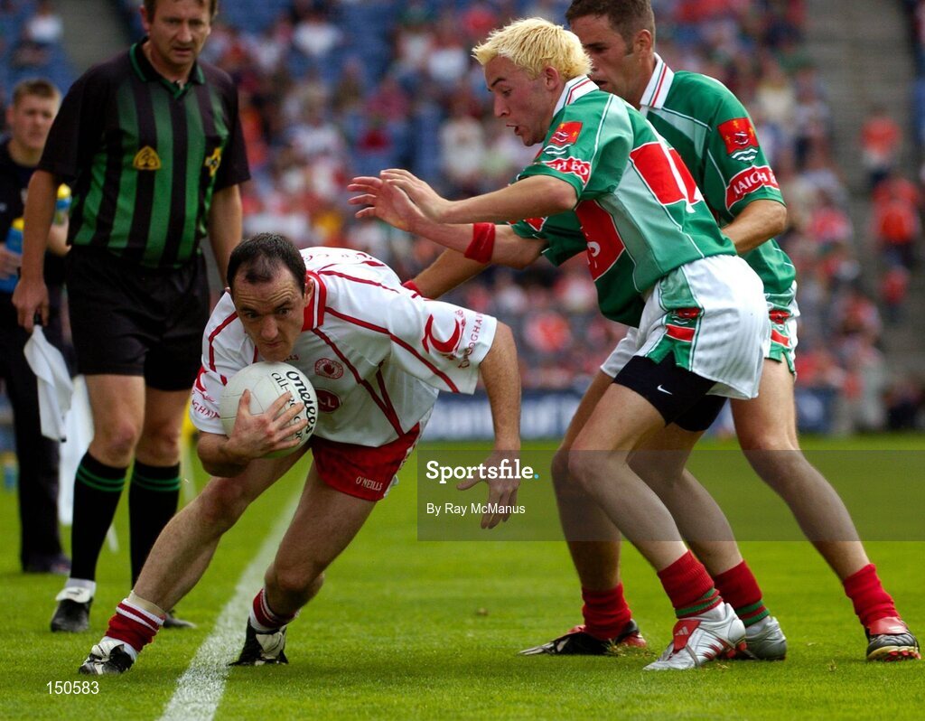 7 August 2004; Brian Dooher, Tyrone, in action against Conor Mortimer, and James Gill, back, Mayo. Bank of Ireland All-Ireland Senior Football Championship Quarter Final, Mayo v Tyrone, Croke Park, Dublin. Picture credit; Ray McManus / SPORTSFILE