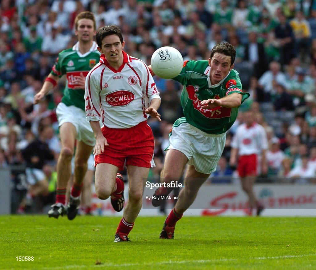 7 August 2004; Mark Harte, Tyrone, in action against Conor Moran, Mayo. Bank of Ireland All-Ireland Senior Football Championship Quarter Final, Mayo v Tyrone, Croke Park, Dublin. Picture credit; Ray McManus / SPORTSFILE