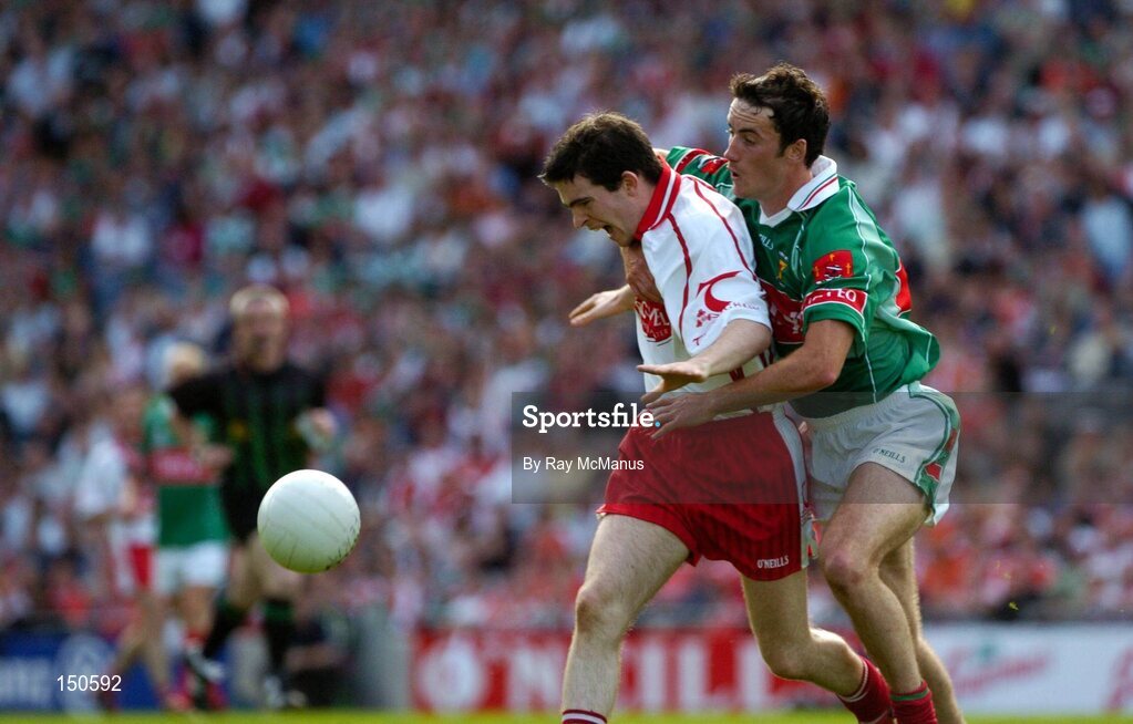 7 August 2004; Mark Harte, Tyrone, in action against Conor Moran, Mayo. Bank of Ireland All-Ireland Senior Football Championship Quarter Final, Mayo v Tyrone, Croke Park, Dublin. Picture credit; Ray McManus / SPORTSFILE