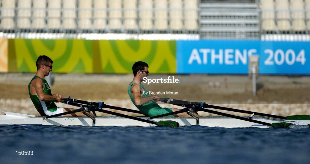 12 August 2004; Ireland's lightweight double sculls team of Sam Lynch, left, and Gearoid Towey in action during an oren training at the Schinias Olympic Rowing Centre. Games of the XXVII Olympiad, Athens Summer Olympics Games 2004, Athens, Greece. Picture credit; Brendan Moran / SPORTSFILE