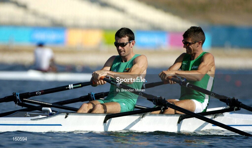 12 August 2004; Ireland's lightweight double sculls team of Gearoid Towey, left, and Sam Lynch in action during an open training session at the Schinias Olympic Rowing Centre. Games of the XXVII Olympiad, Athens Summer Olympics Games 2004, Athens, Greece. Picture credit; Brendan Moran / SPORTSFILE