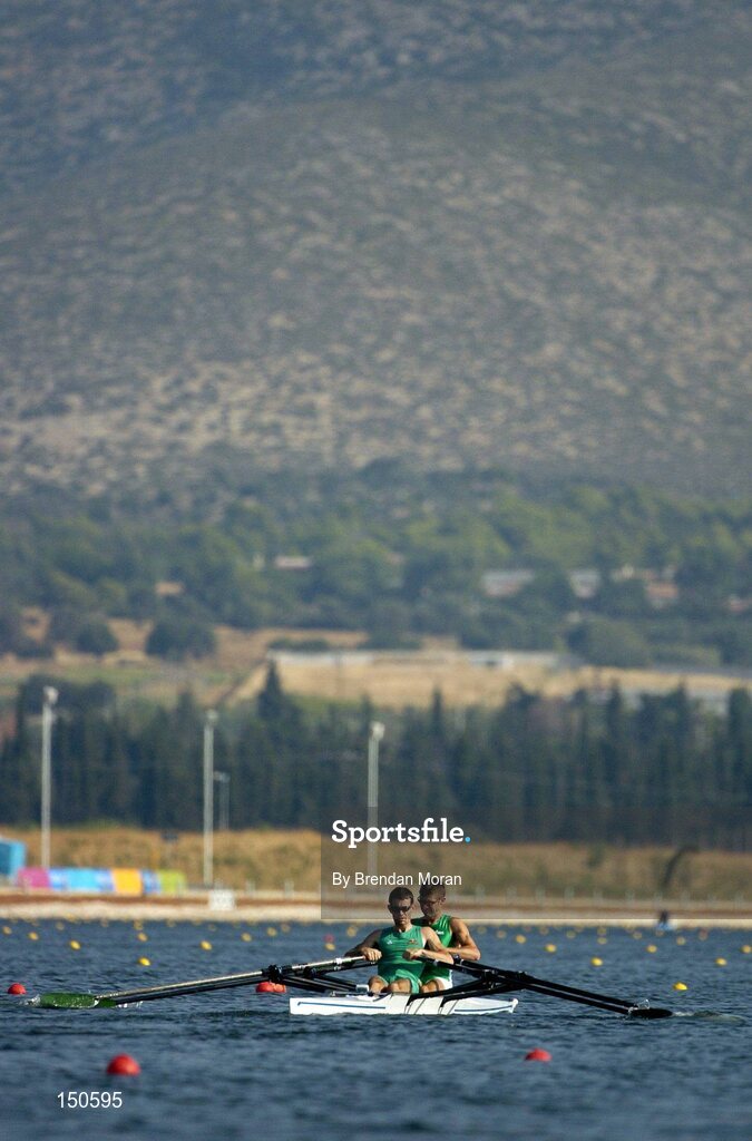 12 August 2004; Ireland's lightweight double sculls team of Gearoid Towey, left, and Sam Lynch in action during an open training session at the Schinias Olympic Rowing Centre. Games of the XXVII Olympiad, Athens Summer Olympics Games 2004, Athens, Greece. Picture credit; Brendan Moran / SPORTSFILE