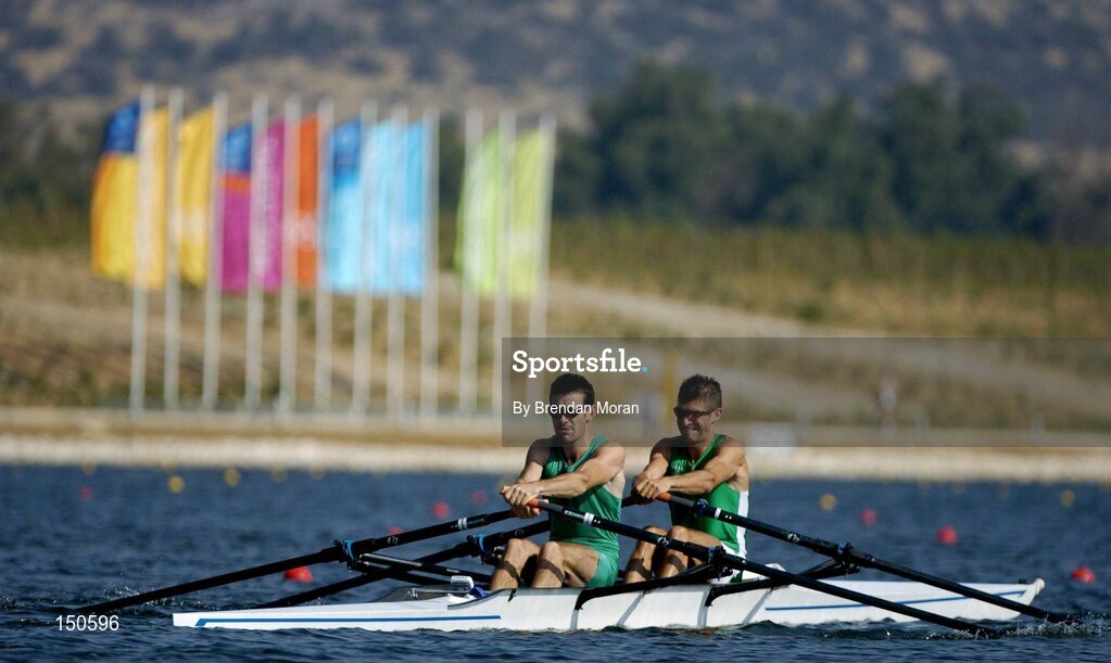 12 August 2004; Ireland's lightweight double sculls team of Gearoid Tywey, left, and Sam Lynch in action during an open training session at the Schinias Olympic Rowing Centre. Games of the XXVII Olympiad, Athens Summer Olympics Games 2004, Athens, Greece. Picture credit; Brendan Moran / SPORTSFILE