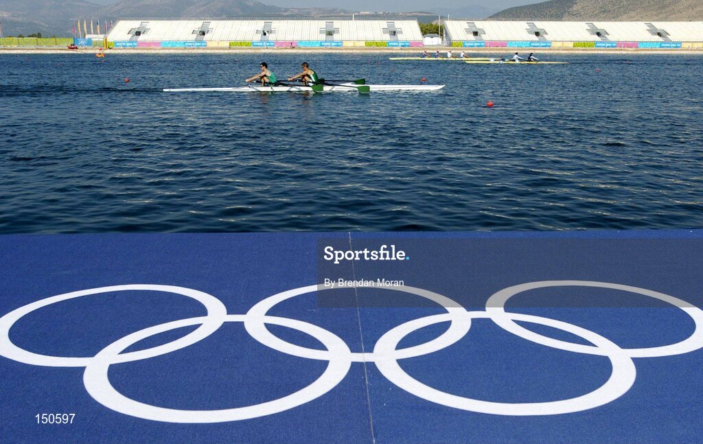 12 August 2004; Ireland's lightweight double sculls team of Gearoid Towey, left, and Sam Lynch in action during an open training session at the Schinias Olympic Rowing Centre. Games of the XXVII Olympiad, Athens Summer Olympics Games 2004, Athens, Greece. Picture credit; Brendan Moran / SPORTSFILE
