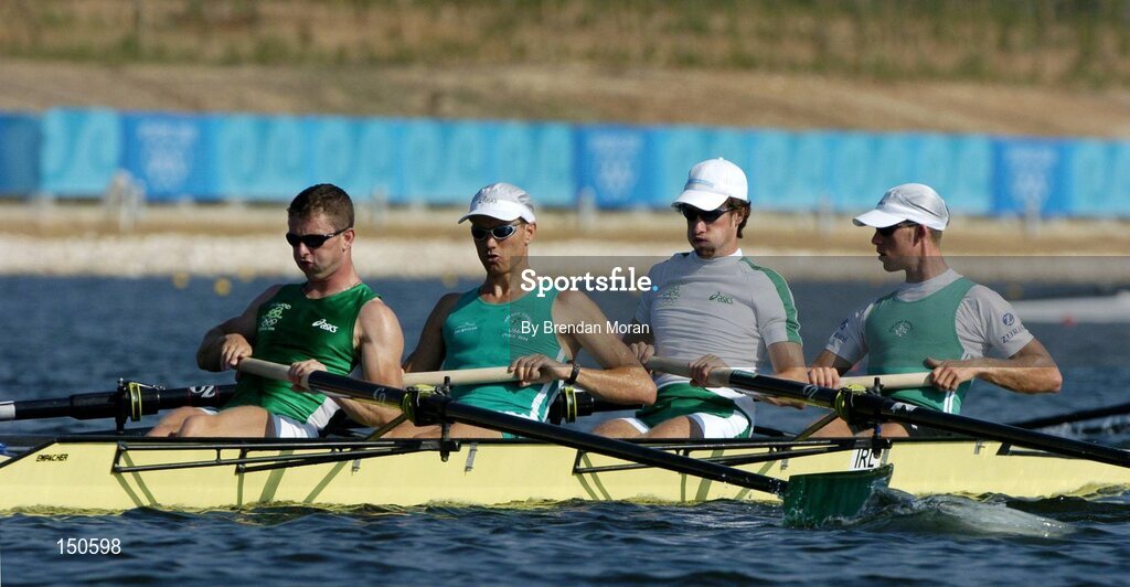12 August 2004; Ireland's lightweight coxless fours team of, from left, Paul Griffin, Niall O'Toole, Eugene Coakley and Richard Archibald in action during an open training at the Schinias Olympic Rowing Centre. Games of the XXVII Olympiad, Athens Summer Olympics Games 2004, Athens, Greece. Picture credit; Brendan Moran / SPORTSFILE