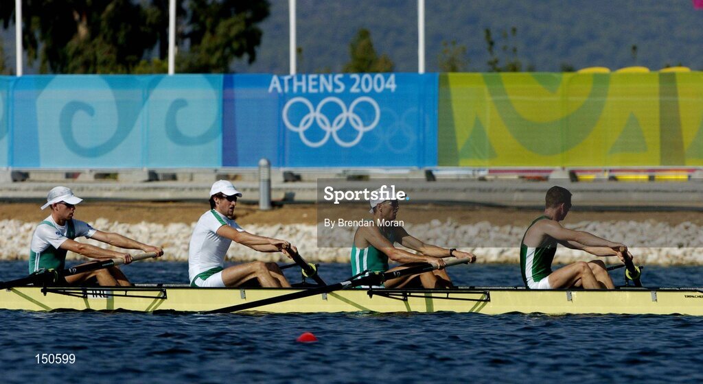 12 August 2004; Ireland's lightweight coxless fours team of, from left, Richard Archibald, Eugene Coakley, Niall O'Toole and Paul Griffin in action during open training at the Schinias Olympic Rowing Centre. Games of the XXVII Olympiad, Athens Summer Olympics Games 2004, Athens, Greece. Picture credit; Brendan Moran / SPORTSFILE