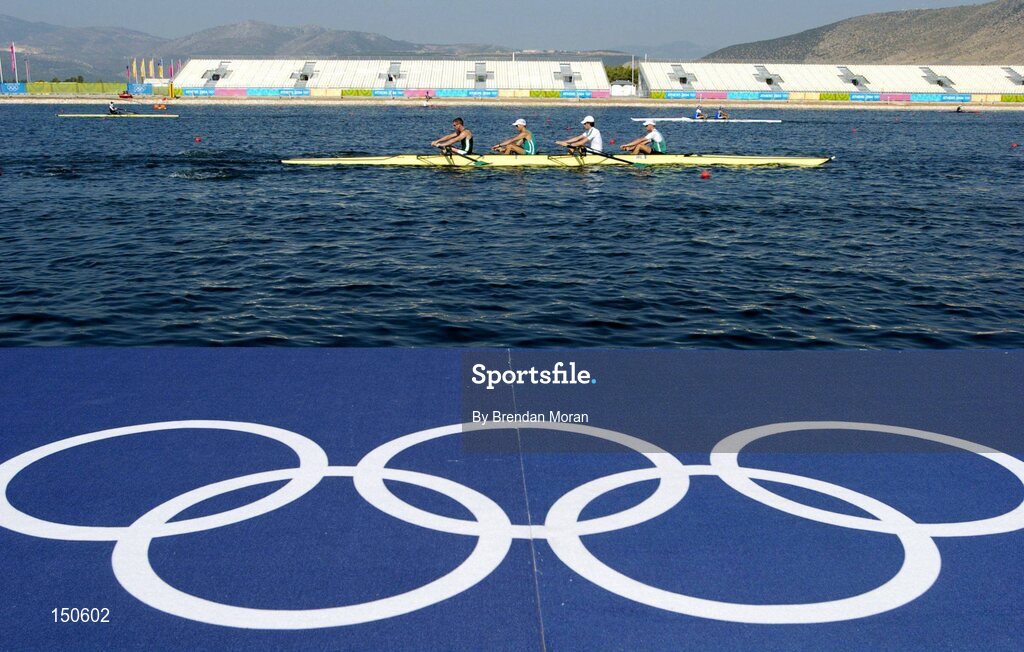 12 August 2004; Ireland's lightweight coxless fours team of, from left, Paul Griffin, Niall O'Toole, Eugene Coakley and Richard Archibald in action during an open training at the Schinias Olympic Rowing Centre. Games of the XXVII Olympiad, Athens Summer Olympics Games 2004, Athens, Greece. Picture credit; Brendan Moran / SPORTSFILE