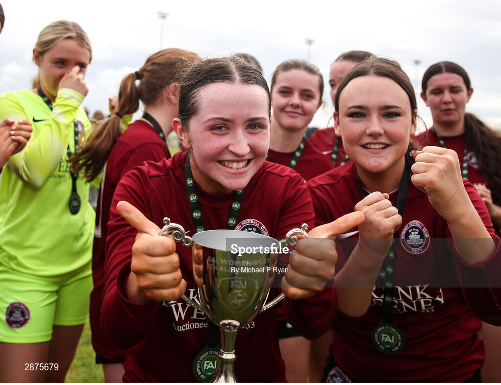 14 July 2024; Athenry captain Kerri O'Driscoll celebrates with the cup after the FAI Women's Under 17 Cup final match between Athenry and Killester Donnycarney FC at Mullingar Athletic FC in Gainstown, Westmeath. Photo by Michael P Ryan/Sportsfile