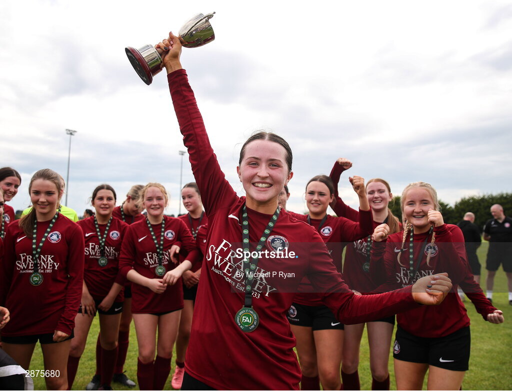 14 July 2024; Athenry captain Kerri O'Driscoll celebrates with the cup after the FAI Women's Under 17 Cup final match between Athenry and Killester Donnycarney FC at Mullingar Athletic FC in Gainstown, Westmeath. Photo by Michael P Ryan/Sportsfile