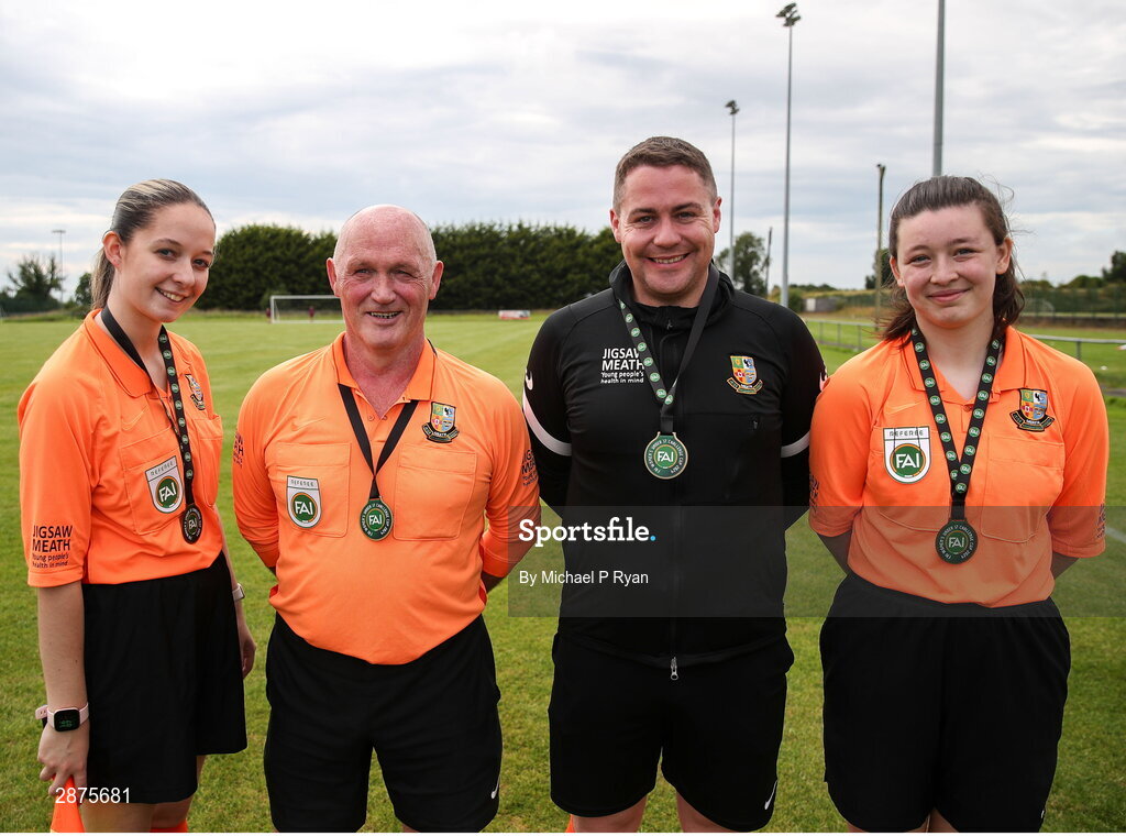 14 July 2024; Referee Ken Ennis and his assistants, Emma Rainey, left, and Grainne Hannigan with the fourth official Martin Conway after the FAI Women's Under 17 Cup final match between Athenry and Killester Donnycarney FC at Mullingar Athletic FC in Gainstown, Westmeath. Photo by Michael P Ryan/Sportsfile