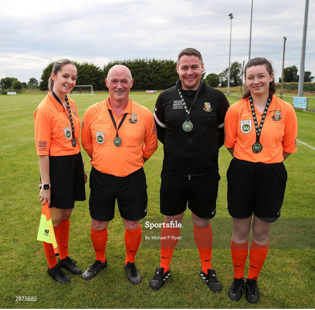 14 July 2024; Referee Ken Ennis and his assistants, Emma Rainey, left, and Grainne Hannigan with the fourth official Martin Conway after the FAI Women's Under 17 Cup final match between Athenry and Killester Donnycarney FC at Mullingar Athletic FC in Gainstown, Westmeath. Photo by Michael P Ryan/Sportsfile