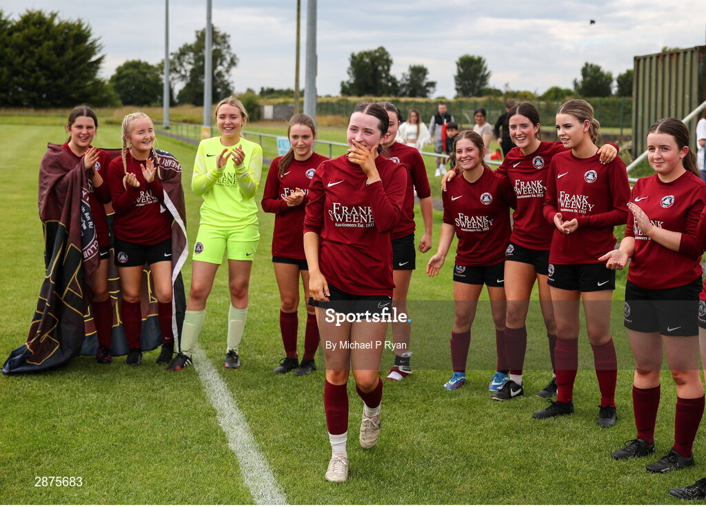 14 July 2024; Kerri O'Driscoll of Athenry reacts after been named player of the match after the FAI Women's Under 17 Cup final match between Athenry and Killester Donnycarney FC at Mullingar Athletic FC in Gainstown, Westmeath. Photo by Michael P Ryan/Sportsfile