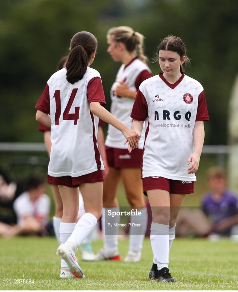 14 July 2024; Killester Donnycarney FC players after the FAI Women's Under 17 Cup final match between Athenry and Killester Donnycarney FC at Mullingar Athletic FC in Gainstown, Westmeath. Photo by Michael P Ryan/Sportsfile