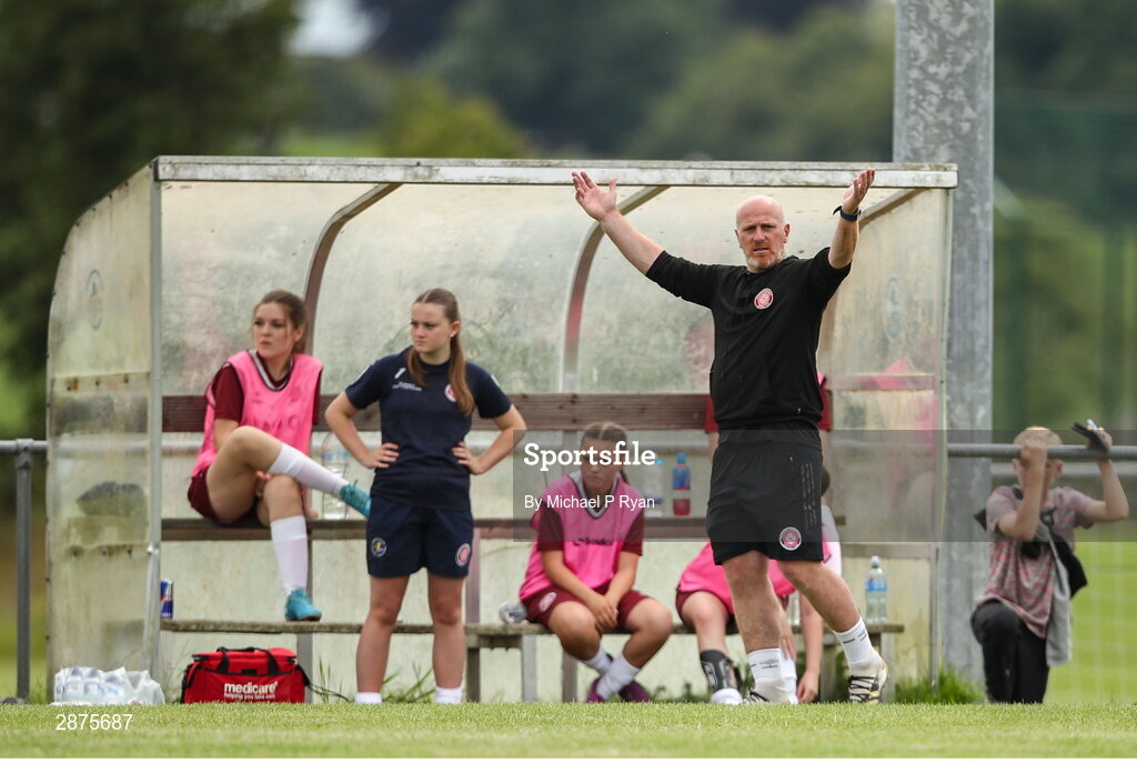 14 July 2024; Killester Donnycarney FC manager Thomas Heary during the FAI Women's Under 17 Cup final match between Athenry and Killester Donnycarney FC at Mullingar Athletic FC in Gainstown, Westmeath. Photo by Michael P Ryan/Sportsfile