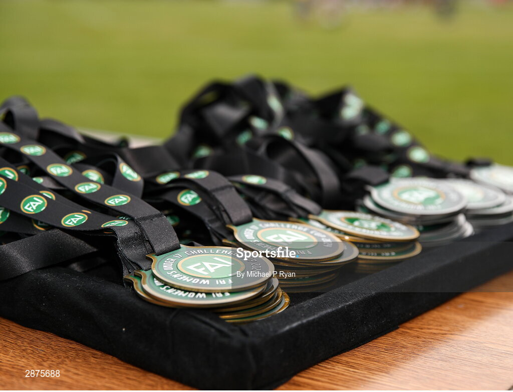 14 July 2024; A general view of of the medals after the FAI Women's Under 17 Cup final match between Athenry and Killester Donnycarney FC at Mullingar Athletic FC in Gainstown, Westmeath. Photo by Michael P Ryan/Sportsfile
