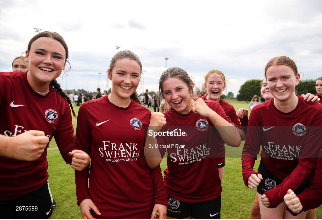 14 July 2024; Athenry players celebrate after the FAI Women's Under 17 Cup final match between Athenry and Killester Donnycarney FC at Mullingar Athletic FC in Gainstown, Westmeath. Photo by Michael P Ryan/Sportsfile