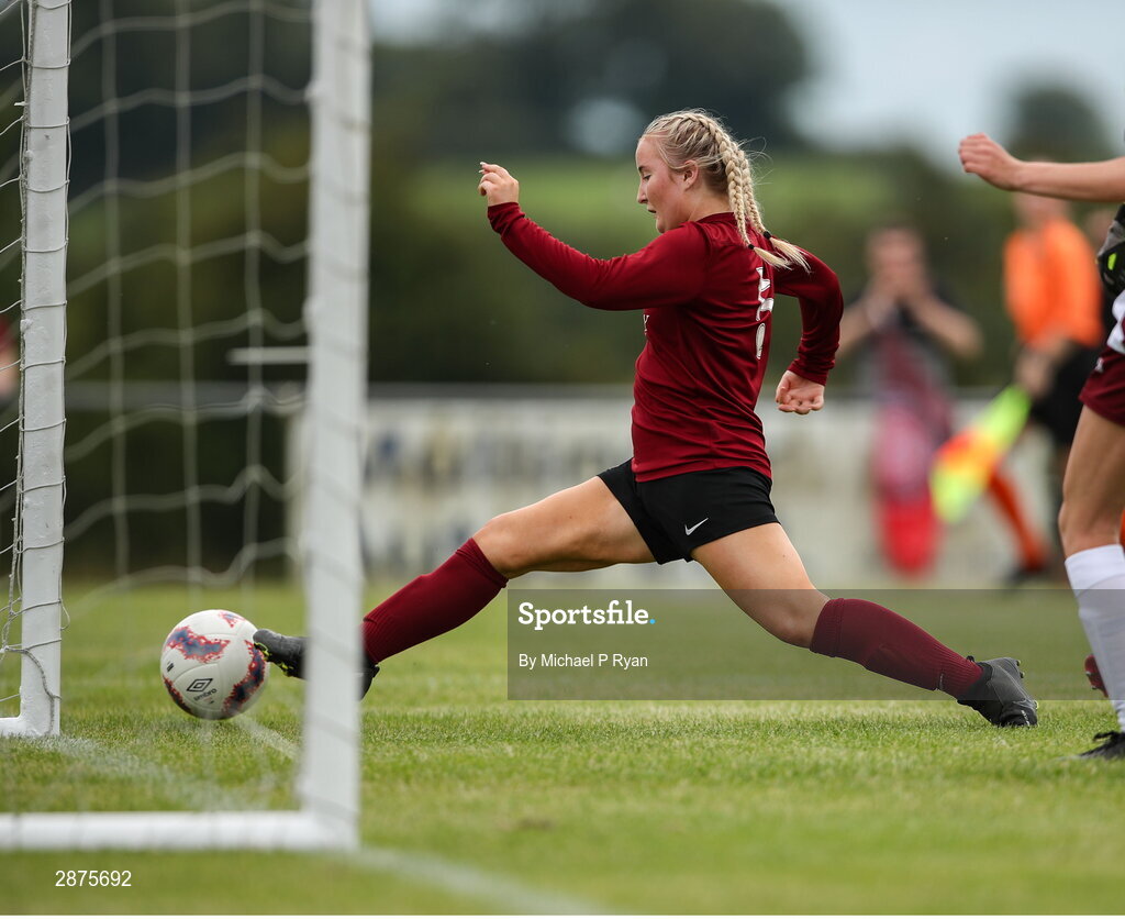 14 July 2024; Sophie Costelloe of Athenry clears the ball of the line during the FAI Women's Under 17 Cup final match between Athenry and Killester Donnycarney FC at Mullingar Athletic FC in Gainstown, Westmeath. Photo by Michael P Ryan/Sportsfile