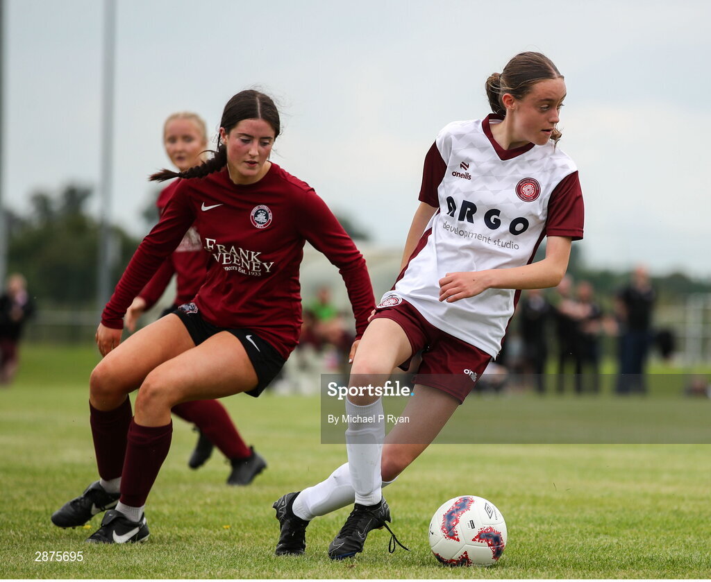 14 July 2024; Victoria Dempsey of Killester Donnycarney FC in action against Tarron Kilkenny of Athenry during the FAI Women's Under 17 Cup final match between Athenry and Killester Donnycarney FC at Mullingar Athletic FC in Gainstown, Westmeath. Photo by Michael P Ryan/Sportsfile