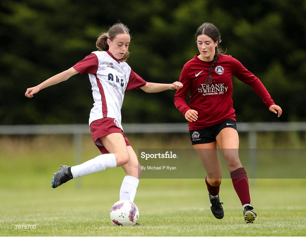 14 July 2024; Victoria Dempsey of Killester Donnycarney FC in action against Tarron Kilkenny of Athenry during the FAI Women's Under 17 Cup final match between Athenry and Killester Donnycarney FC at Mullingar Athletic FC in Gainstown, Westmeath. Photo by Michael P Ryan/Sportsfile