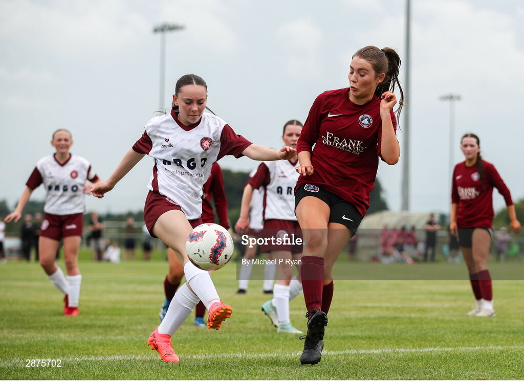 14 July 2024; Ava O'Brien of Killester Donnycarney FC in action against Anna Jordan of Athenry during the FAI Women's Under 17 Cup final match between Athenry and Killester Donnycarney FC at Mullingar Athletic FC in Gainstown, Westmeath. Photo by Michael P Ryan/Sportsfile