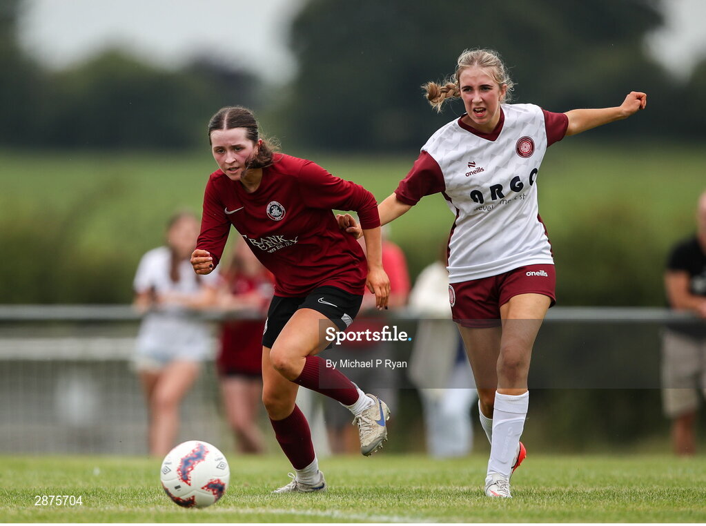 14 July 2024; Kerri O'Driscoll of Athenry in action against Sienna Heary of Killester Donnycarney FC during the FAI Women's Under 17 Cup final match between Athenry and Killester Donnycarney FC at Mullingar Athletic FC in Gainstown, Westmeath. Photo by Michael P Ryan/Sportsfile
