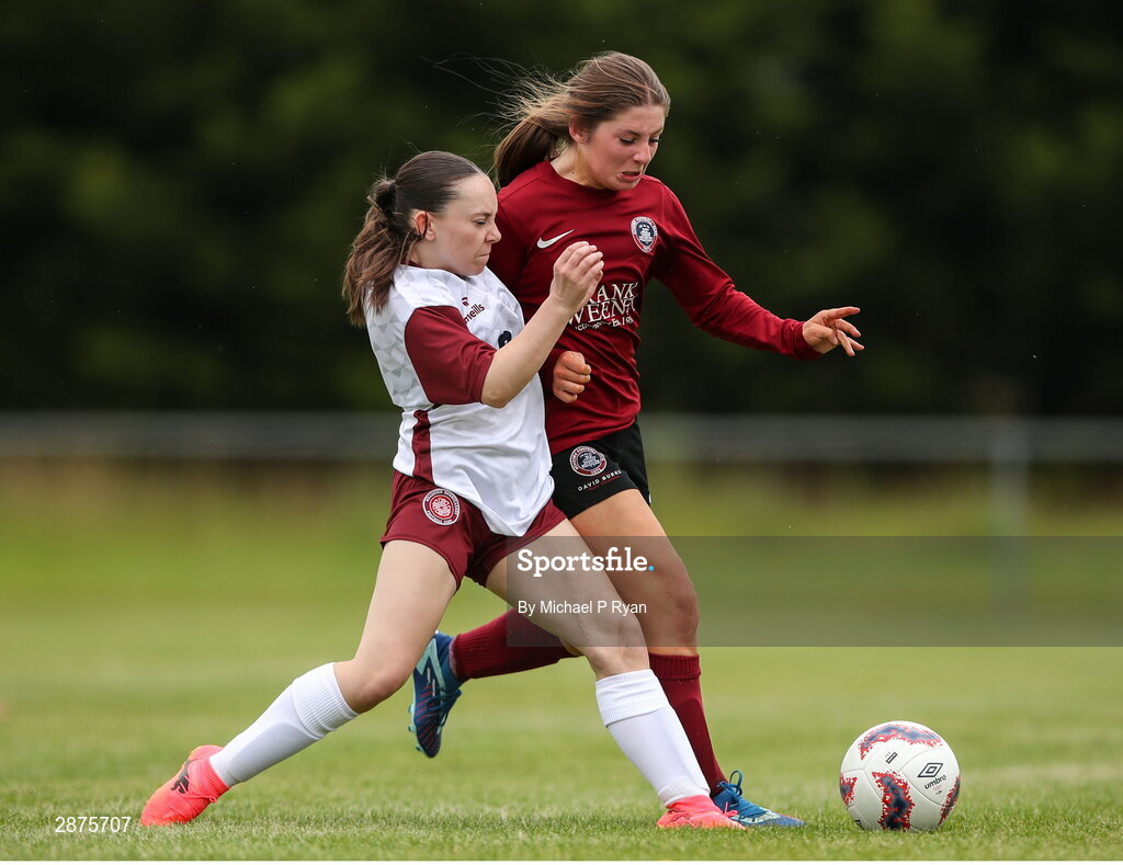 14 July 2024; Mollie Noone of Athenry in action against Ava O'Brien of Killester Donnycarney FC during the FAI Women's Under 17 Cup final match between Athenry and Killester Donnycarney FC at Mullingar Athletic FC in Gainstown, Westmeath. Photo by Michael P Ryan/Sportsfile