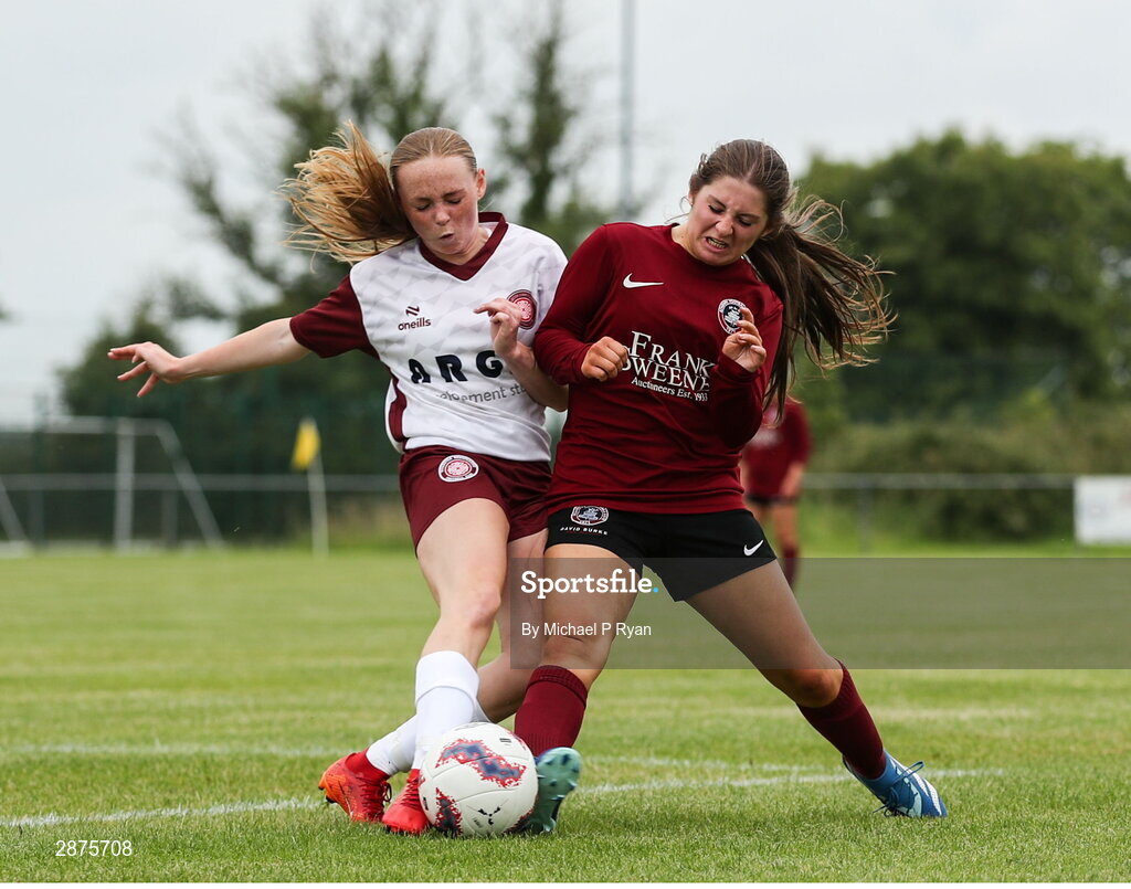 14 July 2024; Mollie Noone of Athenry in action against Drew Hendrick of Killester Donnycarney FC during the FAI Women's Under 17 Cup final match between Athenry and Killester Donnycarney FC at Mullingar Athletic FC in Gainstown, Westmeath. Photo by Michael P Ryan/Sportsfile