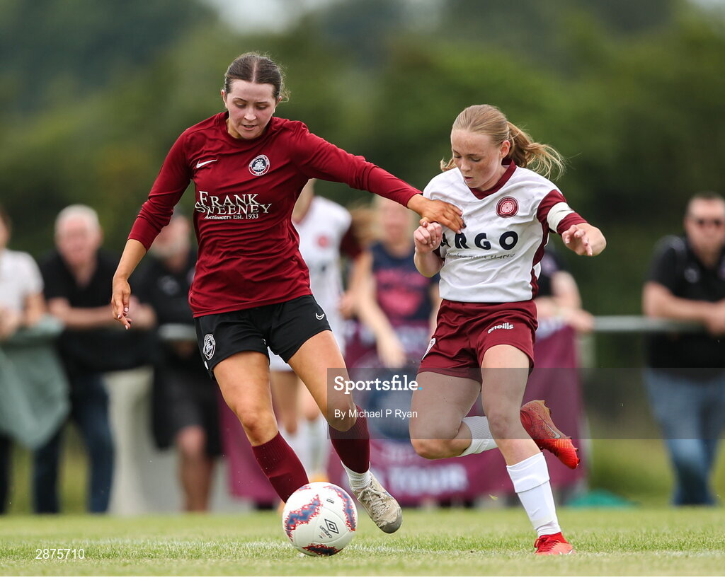 14 July 2024; Kerri O'Driscoll of Athenry in action against Drew Hendrick of Killester Donnycarney FC during the FAI Women's Under 17 Cup final match between Athenry and Killester Donnycarney FC at Mullingar Athletic FC in Gainstown, Westmeath. Photo by Michael P Ryan/Sportsfile