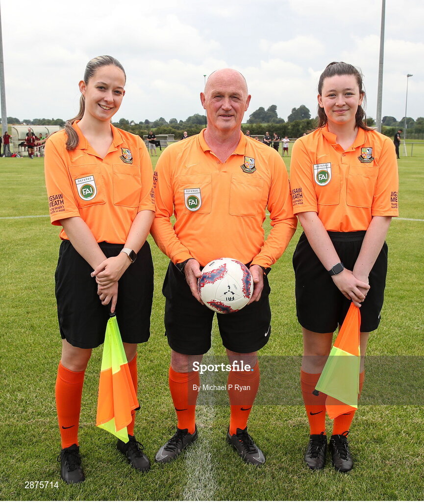 14 July 2024; Referee Ken Ennis, with his assistants, Emma Rainey, left, and Grainne Hannigan, before the FAI Women's Under 17 Cup final match between Athenry and Killester Donnycarney FC at Mullingar Athletic FC in Gainstown, Westmeath. Photo by Michael P Ryan/Sportsfile